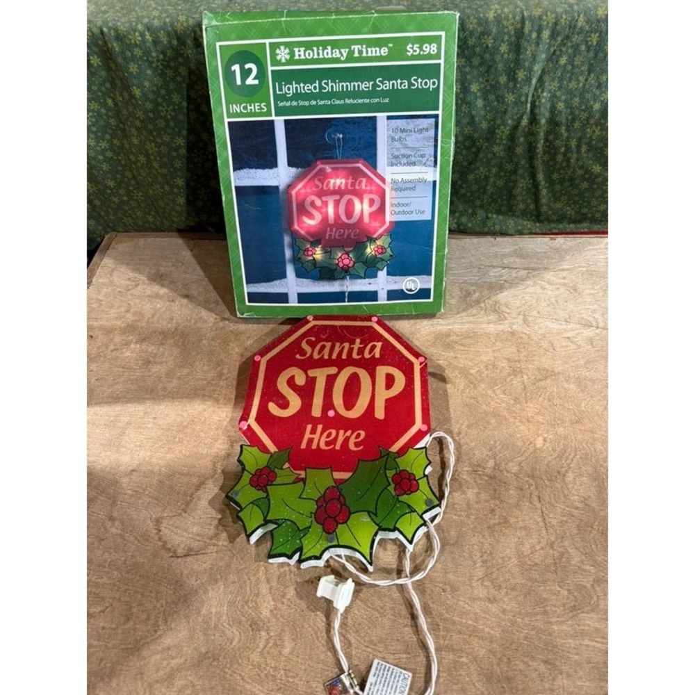 Christmas Shimmer Santa Stop Sign Window Sign 12" Lights Up